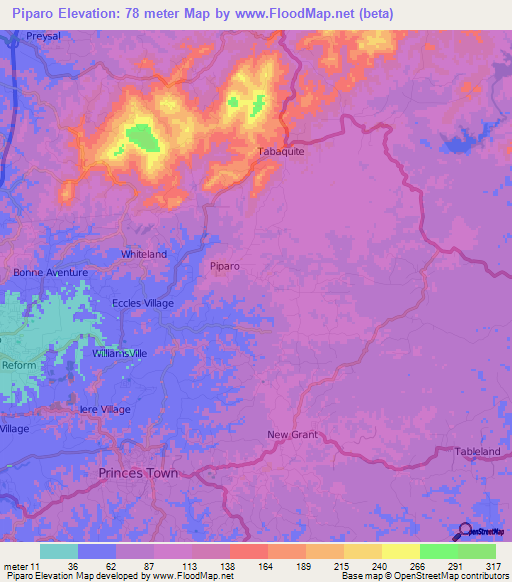 Piparo,Trinidad and Tobago Elevation Map