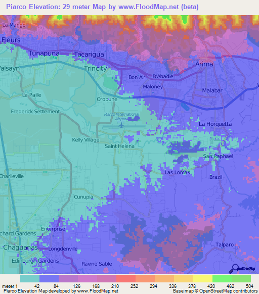 Piarco,Trinidad and Tobago Elevation Map