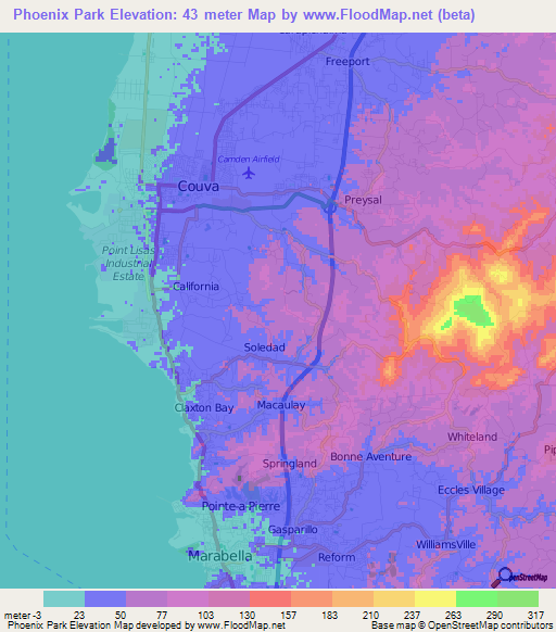 Phoenix Park,Trinidad and Tobago Elevation Map