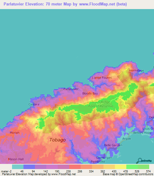 Parlatuvier,Trinidad and Tobago Elevation Map