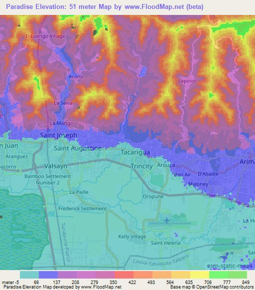 Paradise,Trinidad and Tobago Elevation Map