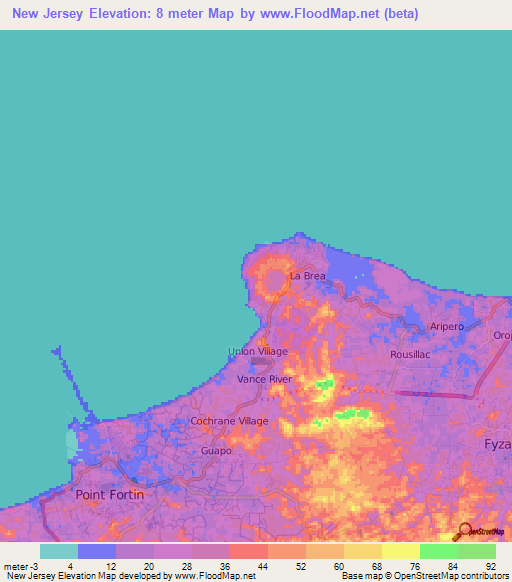 New Jersey,Trinidad and Tobago Elevation Map