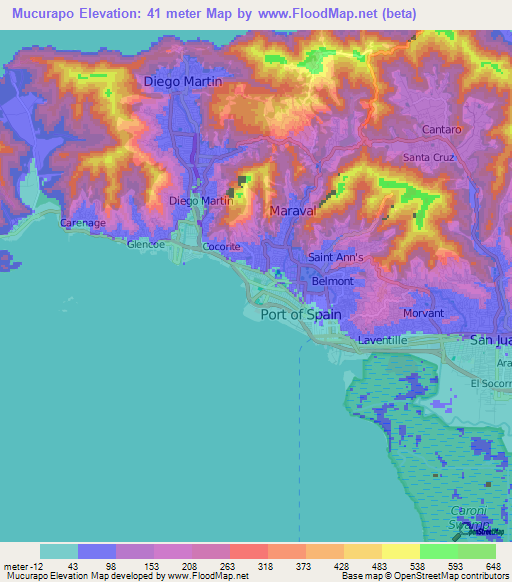 Mucurapo,Trinidad and Tobago Elevation Map