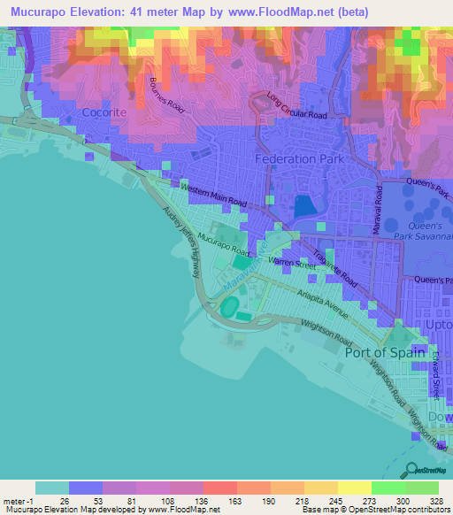 Mucurapo,Trinidad and Tobago Elevation Map