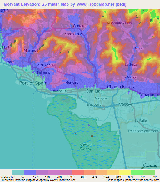 Morvant,Trinidad and Tobago Elevation Map