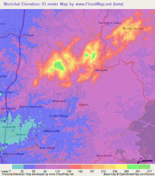 Morichal,Trinidad and Tobago Elevation Map