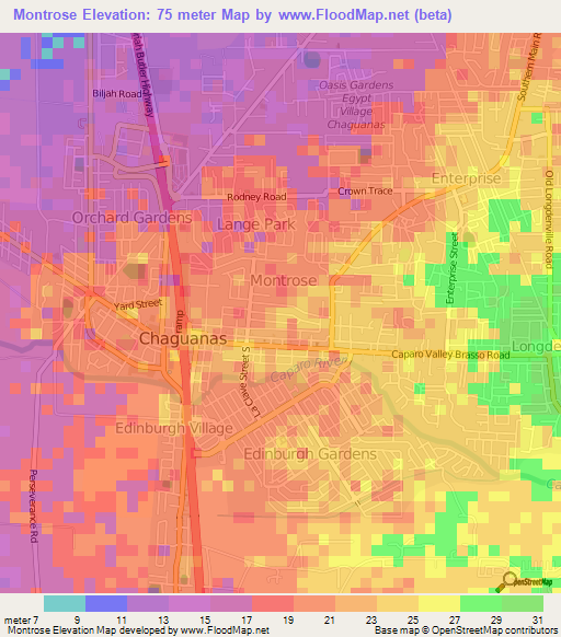 Montrose,Trinidad and Tobago Elevation Map