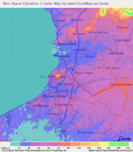 Mon Repos,Trinidad and Tobago Elevation Map