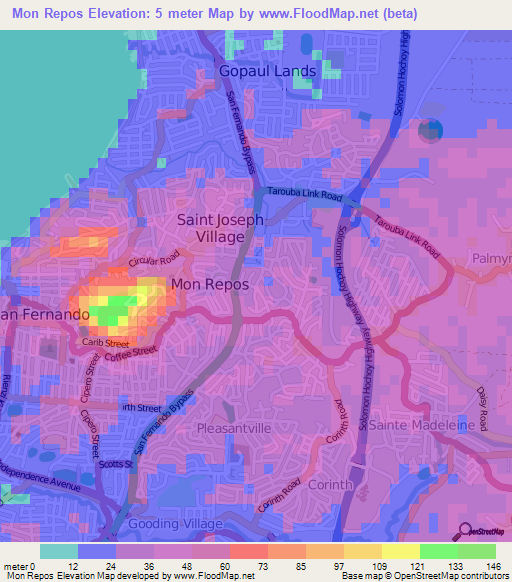 Mon Repos,Trinidad and Tobago Elevation Map