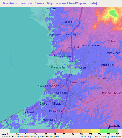Marabella,Trinidad and Tobago Elevation Map