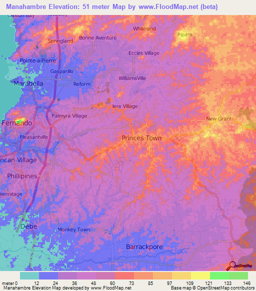 Manahambre,Trinidad and Tobago Elevation Map