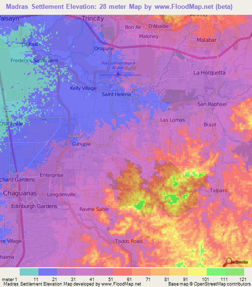 Madras Settlement,Trinidad and Tobago Elevation Map