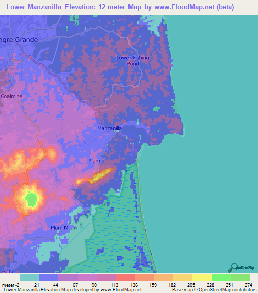 Lower Manzanilla,Trinidad and Tobago Elevation Map