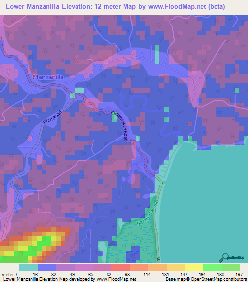 Lower Manzanilla,Trinidad and Tobago Elevation Map