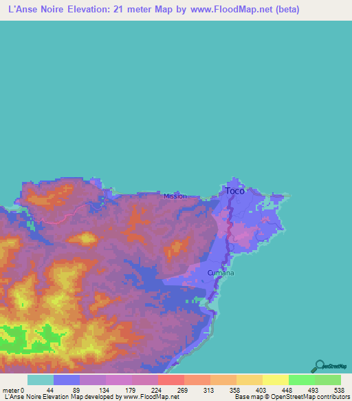 L'Anse Noire,Trinidad and Tobago Elevation Map
