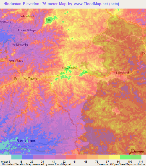 Hindustan,Trinidad and Tobago Elevation Map