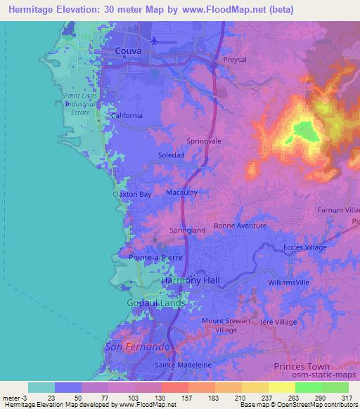 Hermitage,Trinidad and Tobago Elevation Map