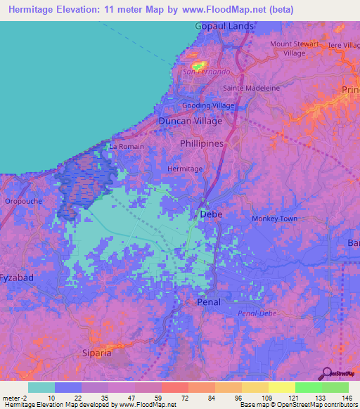 Hermitage,Trinidad and Tobago Elevation Map