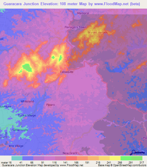 Guaracara Junction,Trinidad and Tobago Elevation Map