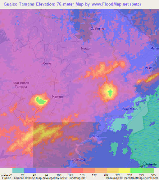 Guaico Tamana,Trinidad and Tobago Elevation Map