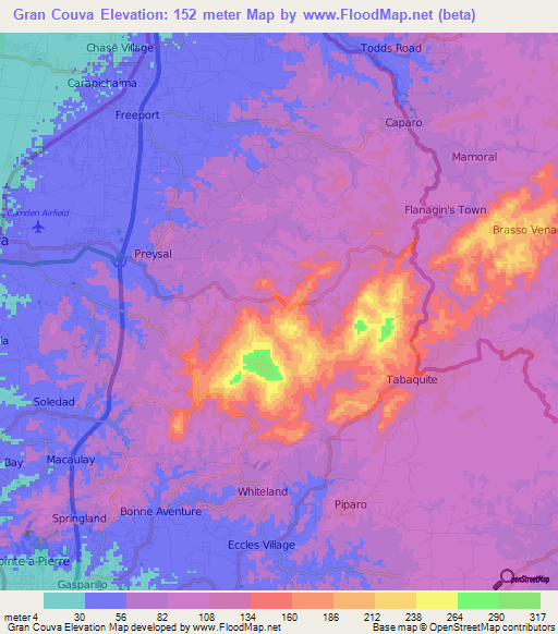 Gran Couva,Trinidad and Tobago Elevation Map