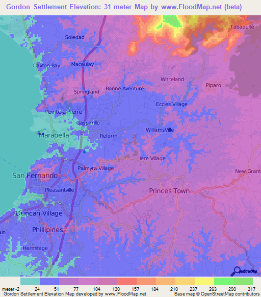 Gordon Settlement,Trinidad and Tobago Elevation Map