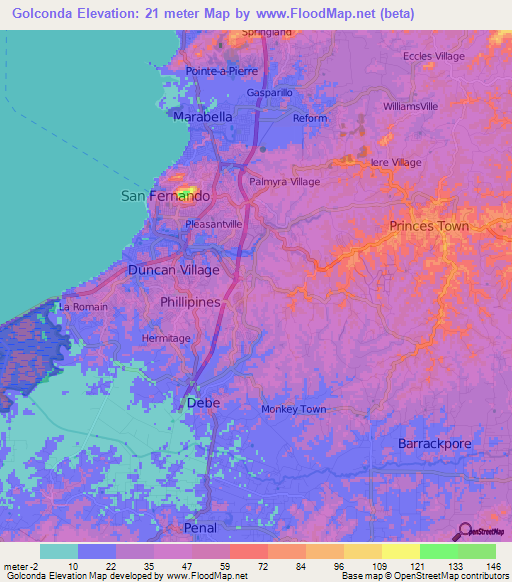 Golconda,Trinidad and Tobago Elevation Map