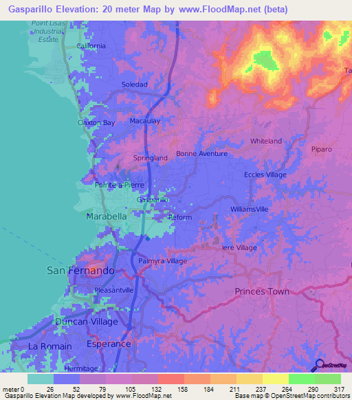 Gasparillo,Trinidad and Tobago Elevation Map