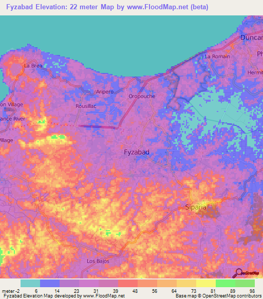 Fyzabad,Trinidad and Tobago Elevation Map