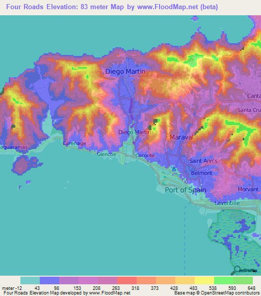 Four Roads,Trinidad and Tobago Elevation Map