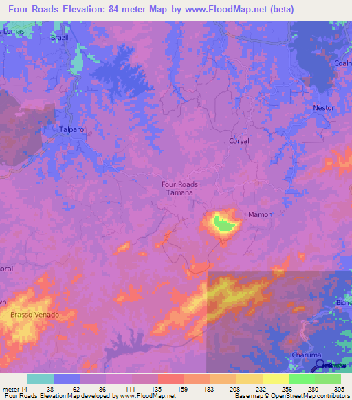 Four Roads,Trinidad and Tobago Elevation Map