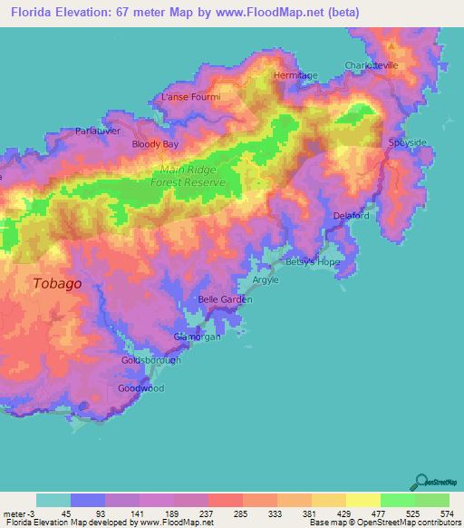 Florida,Trinidad and Tobago Elevation Map