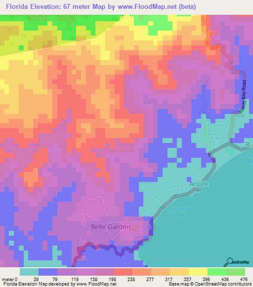 Florida,Trinidad and Tobago Elevation Map