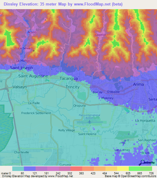 Dinsley,Trinidad and Tobago Elevation Map