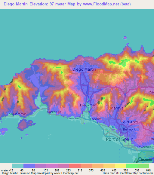 Diego Martin,Trinidad and Tobago Elevation Map