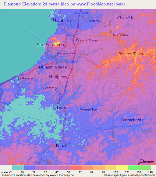 Diamond,Trinidad and Tobago Elevation Map