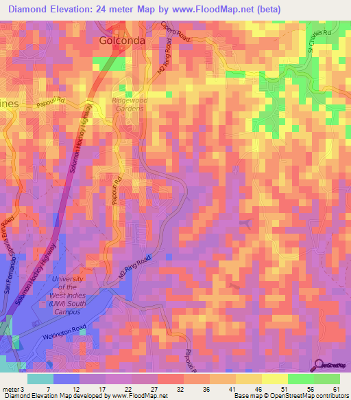 Diamond,Trinidad and Tobago Elevation Map