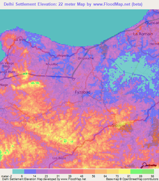 Delhi Settlement,Trinidad and Tobago Elevation Map