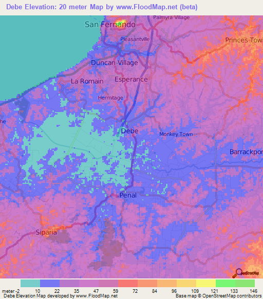 Debe,Trinidad and Tobago Elevation Map
