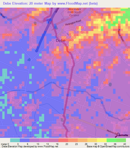 Debe,Trinidad and Tobago Elevation Map