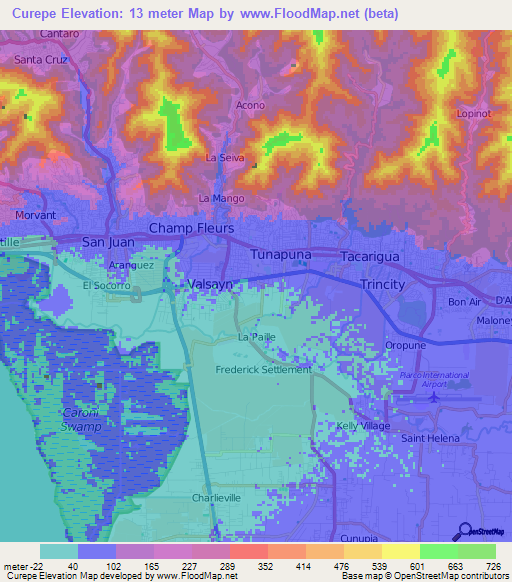 Curepe,Trinidad and Tobago Elevation Map