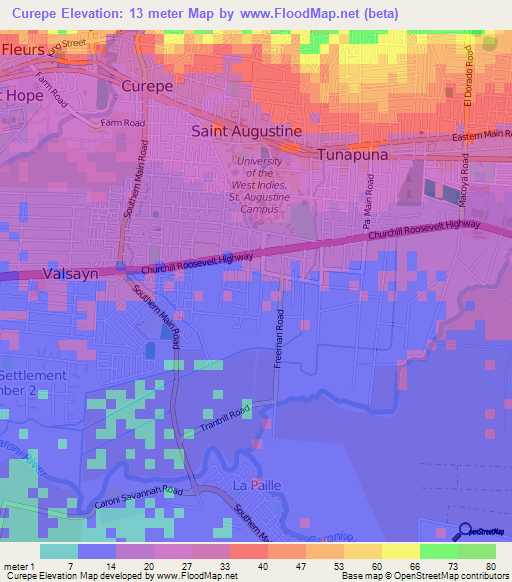 Curepe,Trinidad and Tobago Elevation Map