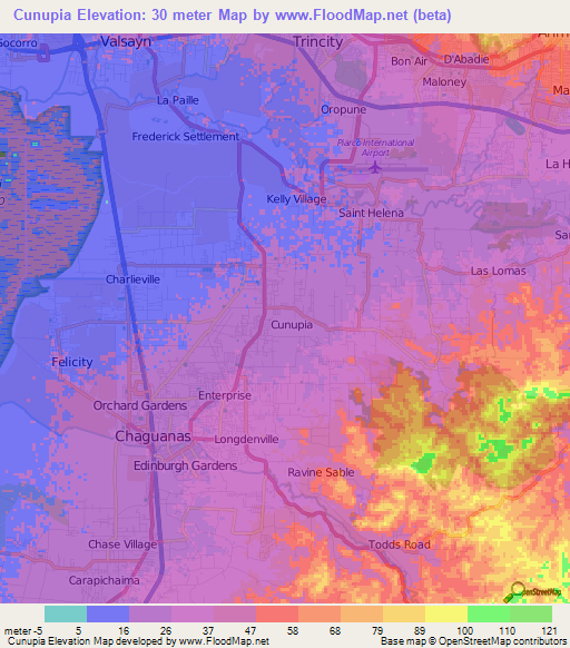 Cunupia,Trinidad and Tobago Elevation Map