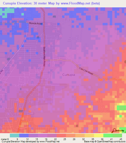 Cunupia,Trinidad and Tobago Elevation Map