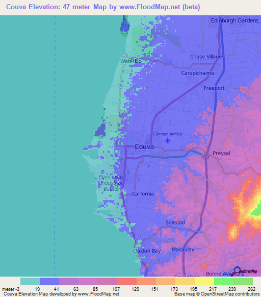 Couva,Trinidad and Tobago Elevation Map