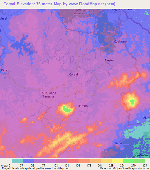 Coryal,Trinidad and Tobago Elevation Map