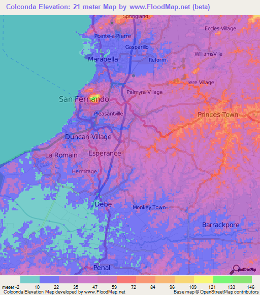 Colconda,Trinidad and Tobago Elevation Map