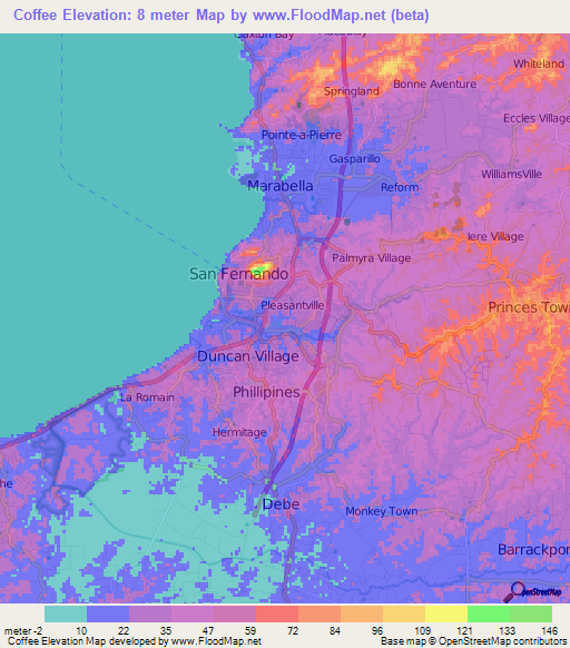 Coffee,Trinidad and Tobago Elevation Map