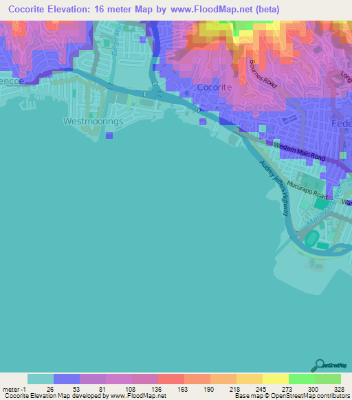 Cocorite,Trinidad and Tobago Elevation Map