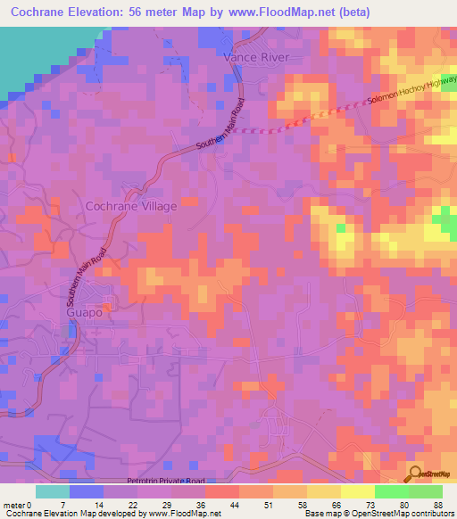 Cochrane,Trinidad and Tobago Elevation Map